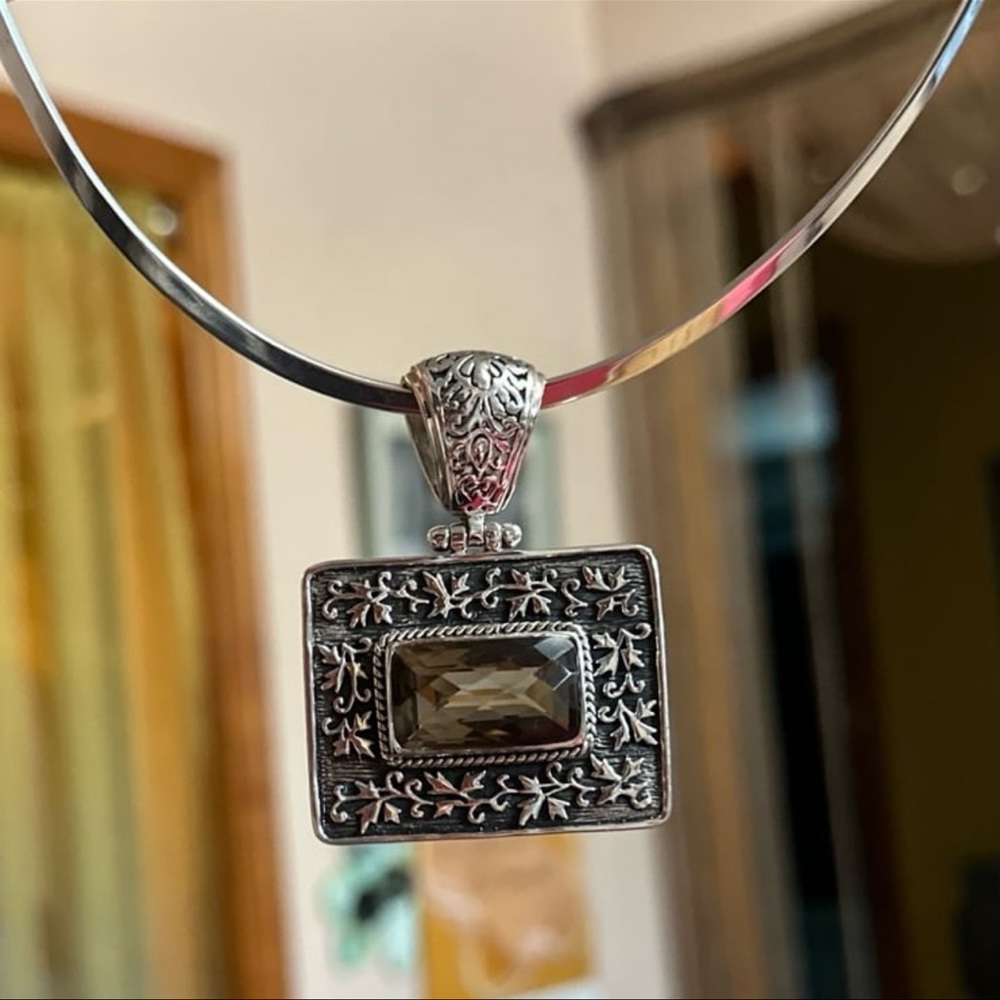 Sterling Silver Collar Necklace w/ Large Designer Faceted Gemstone Slide Pendant